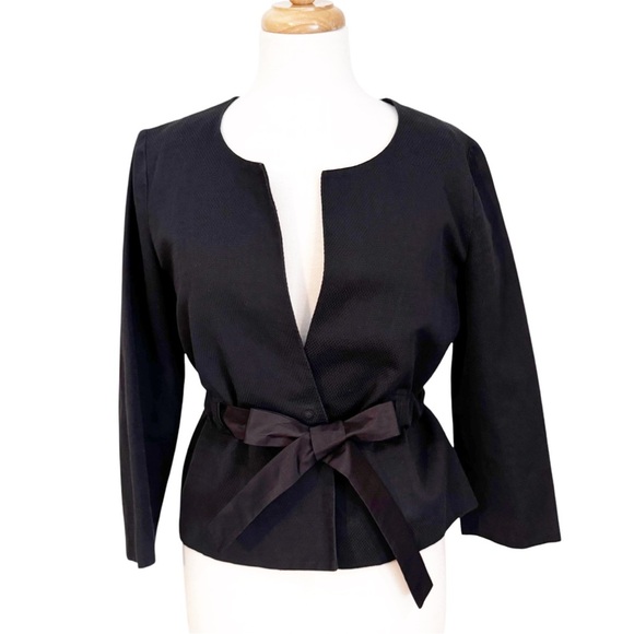 Theory Linen Cotton Blend Blazer Jacket with Ribbon Tie Black Size 8 - Picture 10 of 11